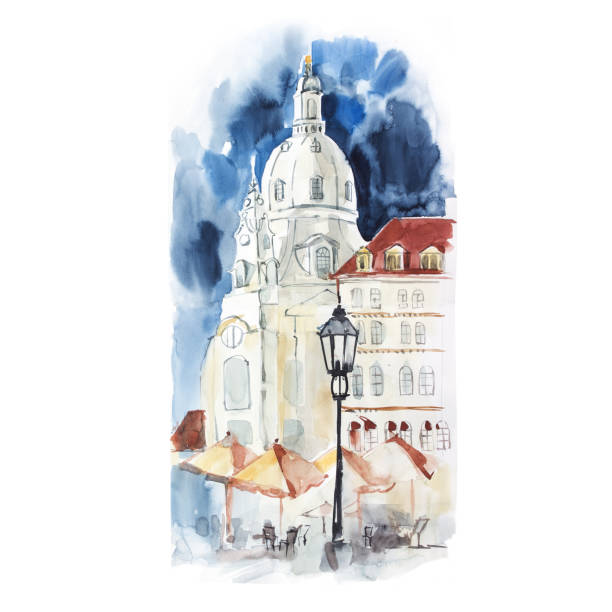 Watercolor painting showing a landscape in Dresden, Germany at summer time. Hand drawn nature european background. Watercolor painting showing a landscape in Dresden, Germany at summer time. Hand drawn nature european background france village blue sky stock illustrations
