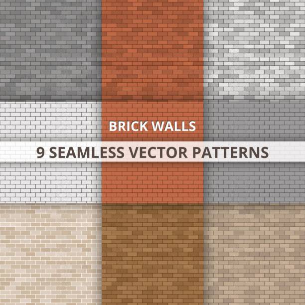 9 бесшовные векторные шаблоны. кирпичные стены пахты. абстрактный фон - backgrounds red textured brick wall stock illustrations