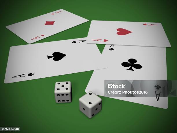 Cards And Dices Stock Photo - Download Image Now - Ace, Black Color, Cardboard