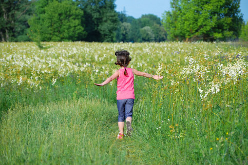 Happy child exploring green wheat field
