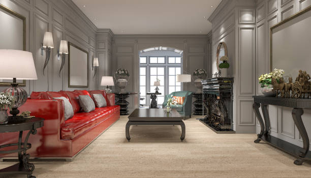 istock 3d rendering classic red sofa in luxury wood living room 826008892