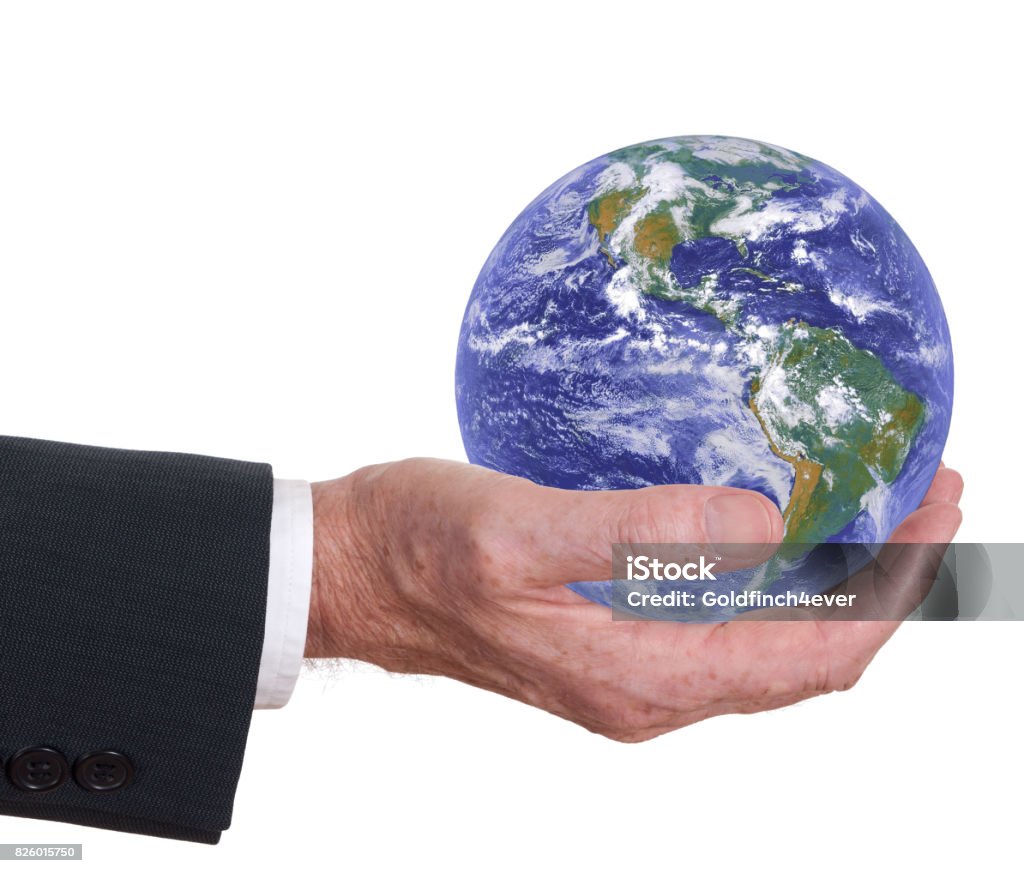 Man offers the world, the earth. Americas prominent. Corporate responsibility. Environmental concept. Note elements of this image furnished by NASA. Business Stock Photo
