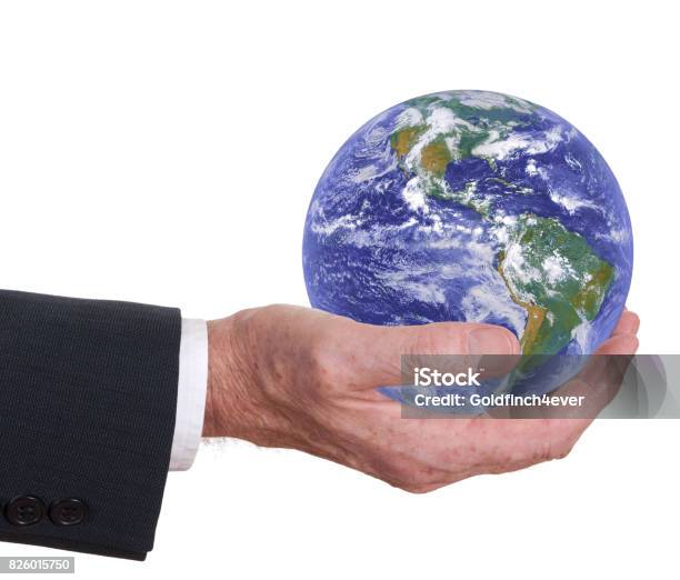 Man Offers The World The Earth Americas Prominent Corporate Responsibility Environmental Concept Stock Photo - Download Image Now