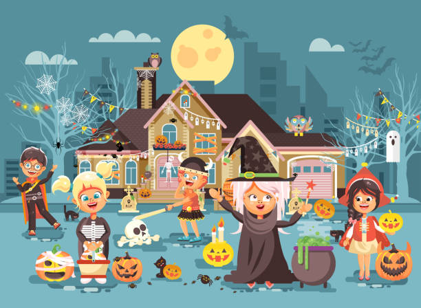 вектор иллюстрация мультипликационных персонажей детей trick-or-treat, мальчик, женские костюмы, модные платья празднуют праздник счастливый хэ� - animal hat costume skeleton sled stock illustrations