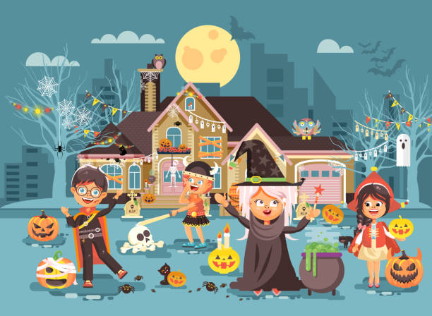 вектор иллюстрация мультипликационных персонажей детей trick-or-treat, мальчик, женские костюмы, модные платья празднуют праздник счастливый хэ� - animal hat costume skeleton sled stock illustrations