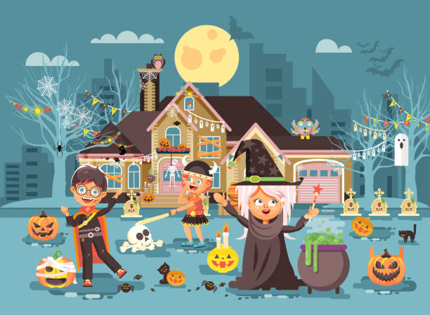 вектор иллюстрация мультипликационных персонажей детей trick-or-treat, мальчик, женские костюмы, модные платья празднуют праздник счастливый хэ� - animal hat costume skeleton sled stock illustrations