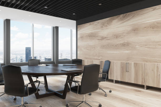 istock Light wooden meeting room corner 826019386