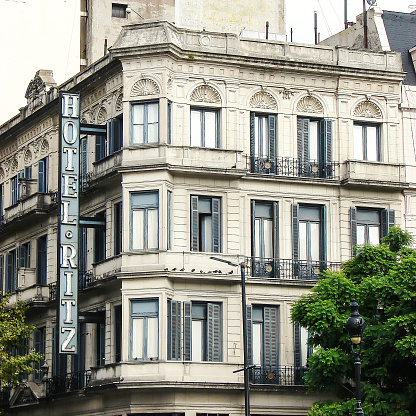 Buenos Aires, Argentina – 21 february 2015: View of the old building of the hotel Ritz with sign on the perimeter of the building in the old quarter of Buenos Aires