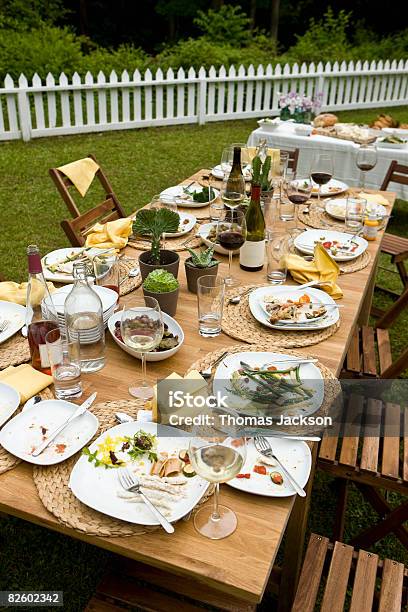 Food At Outdoor Dinner Party In Countryside Stock Photo - Download Image Now - Dinner Party, The End, Table