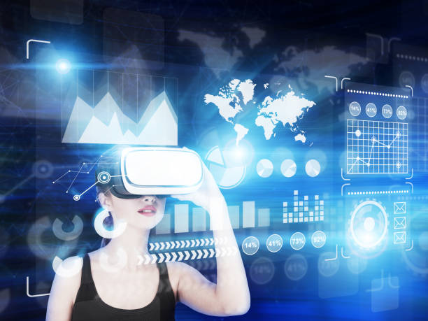 istock Girl in tank top, vr glasses and graphs 826025624