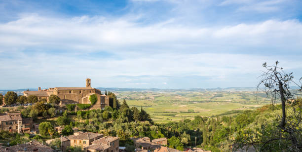 View of Val d'Orcia from Montalcino with church, roof tops and trees in the foreground.