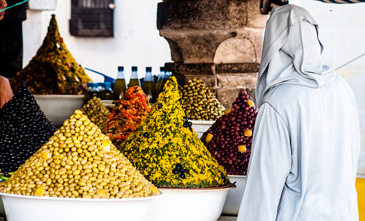 View on olives on market in Essaouira in Morocco