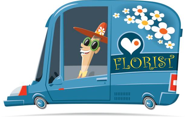 illustrazioni stock, clip art, cartoni animati e icone di tendenza di auto fiorista - florist flower shop store owner