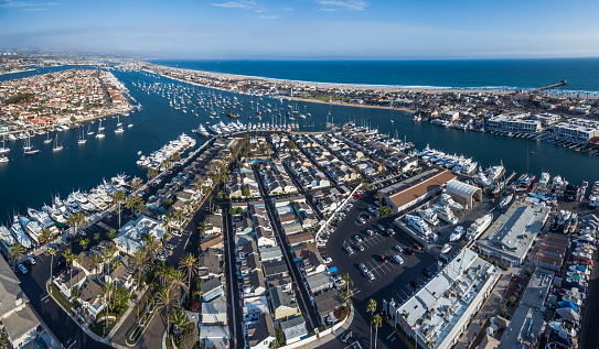 aerial view of Newport Beach / Balboa harbor in California
