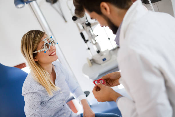 istock Woman doing eye test with optometrist in eye sight clinic 826047822