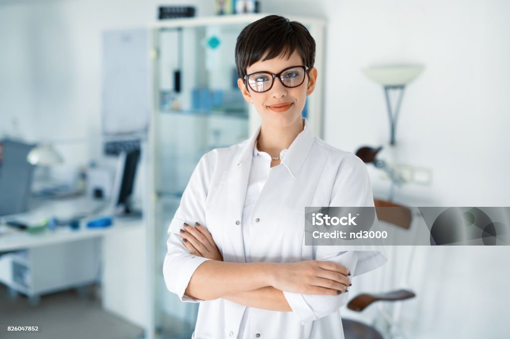 Portrait of female optometrist at eyesight medical clinic Portrait of female optometrist at eyesight medical ophthalmology clinic Portrait Stock Photo