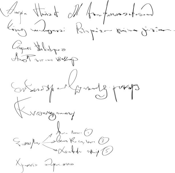 wektor nieczytelne pismo ręczne. czarno-białe tło skryptu. szkic szablonu kaligrafii do pisania - scribe stock illustrations