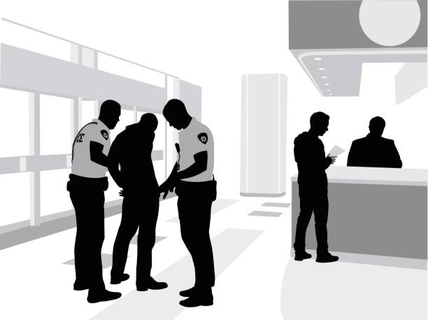 Mall Arrest A vector silhouette illustration of two security officers arresting a young man inside of a shopping center. restraining device stock illustrations