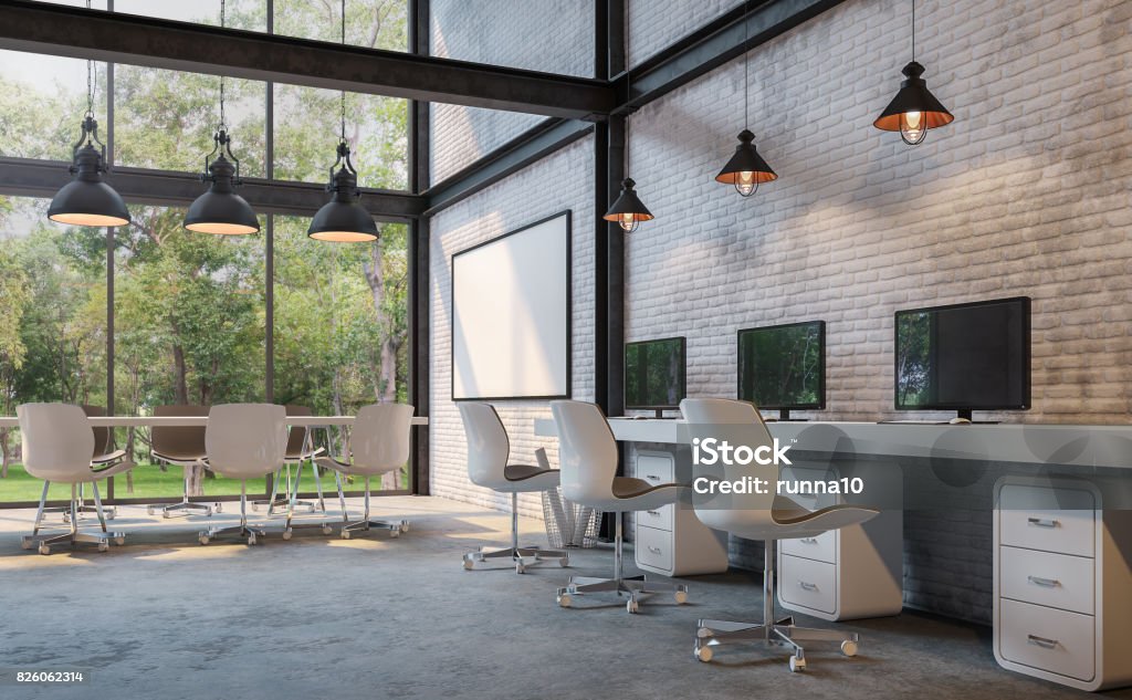 Loft style office 3d rendering image Loft style office 3d rendering image.There are white brick wall,polished concrete floor and black steel structure.Furnished with white furniture.There are large windows look out to see the nature Office Stock Photo