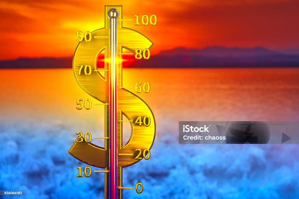 Dollar thermometer concept Dollar thermometer concept. Showing growth of dollar. Rising to high hot point. Climate Stock Photo