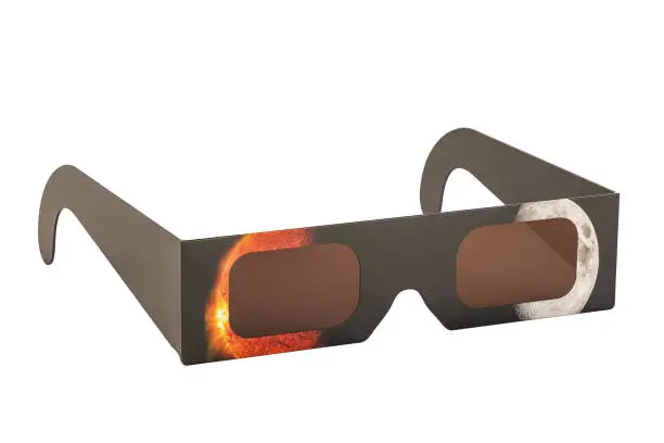 Solar Eclipse Glasses, 3D rendering. The source of the map https://svs.gsfc.nasa.gov/4537 and https://www.nasa.gov/sites/default/files/20140228_eclipse.jpg