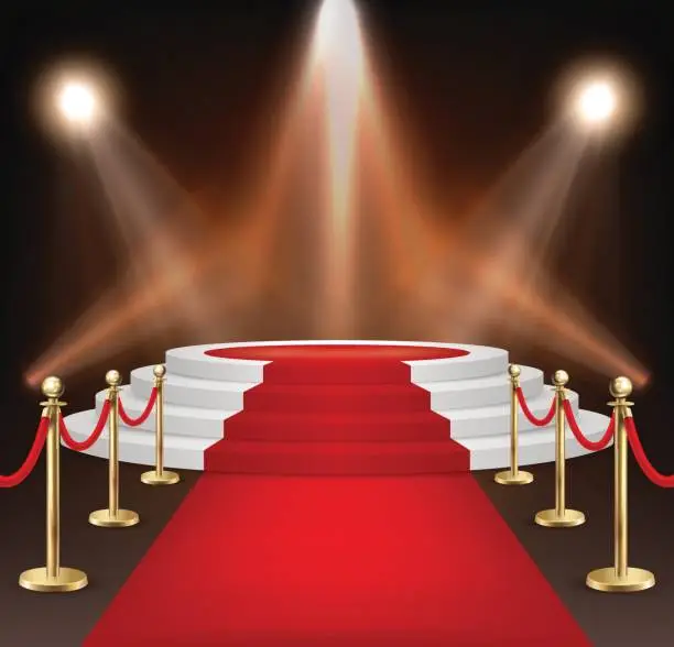 Vector illustration of Realistic vector red event carpet, gold barriers and white stairs isolated on white background. Design template, clipart in EPS10