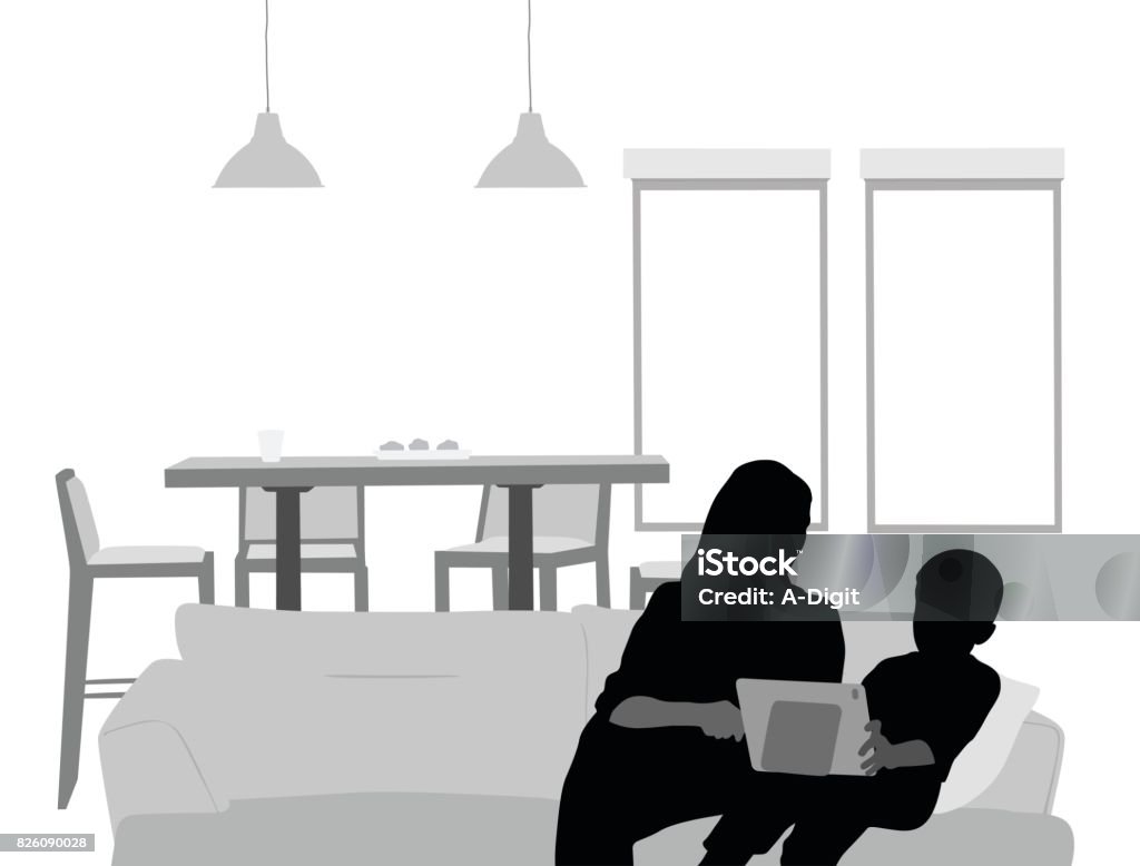 Mom And Son Tech A vector silhouette illustration of a mother and her young son sitting together on a couch using a tablet in their living room. In Silhouette stock vector