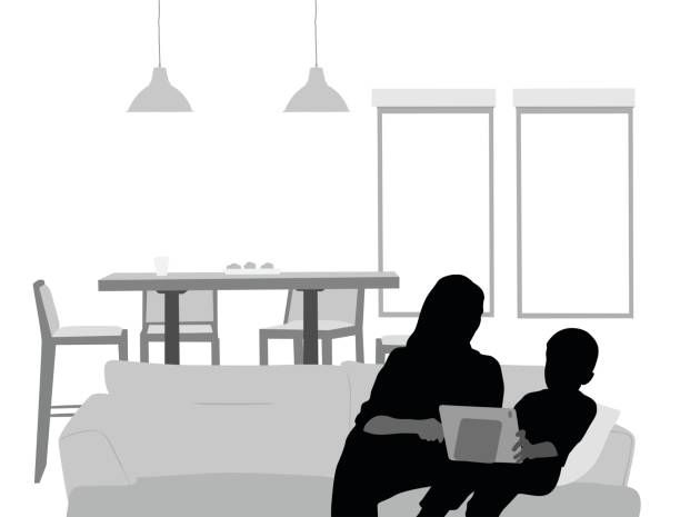 Mom And Son Tech A vector silhouette illustration of a mother and her young son sitting together on a couch using a tablet in their living room. silhouette lounge stock illustrations