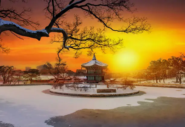 Snow Winter at  Gyeongbokgung Palace in Seoul,South Korea.