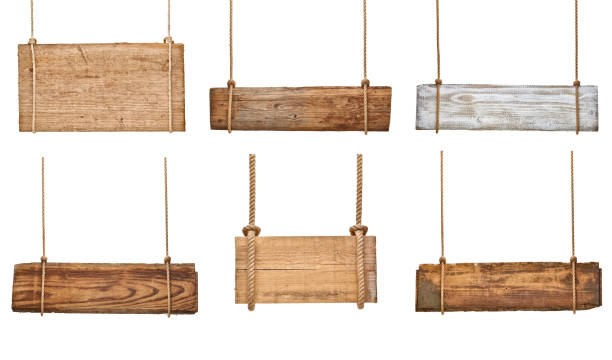 wooden sign background message rope chain hanging collection of various empty wooden signs hanging on a rope and chain on white background. each one is shot separately hanging signboard stock pictures, royalty-free photos & images
