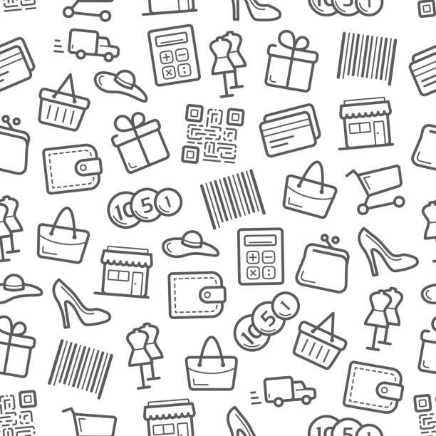 Sale and shopping seamless pattern background Sale and shopping seamless pattern background. Basket, gift box, money, clothes and bag, shoes and retail store, credit card, calculator and wallet, coin, trolley, barcode, delivery truck and qr code shopping patterns stock illustrations