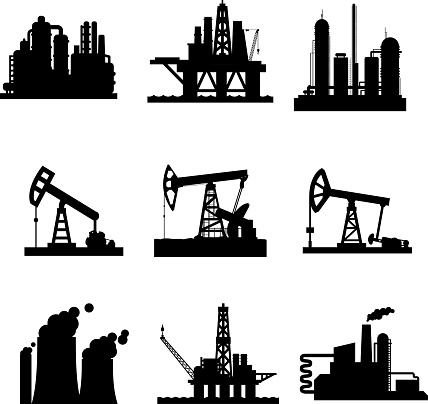 Oil derricks and gas extraction pump mining stations icons set. Vector isolated symbols of oil drilling sea platform, pipeline refinery and industrial fuel plant or factory with smoke of blast furnace