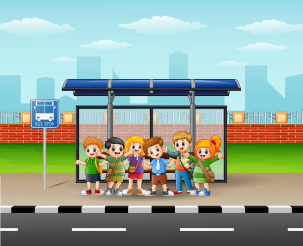 Happy children in a bus stop Vector illustration of Happy children in a bus stop school bus stop stock illustrations