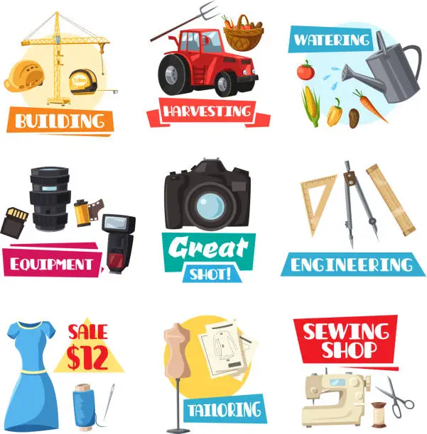Vector illustration of Vector farming, engineering, sewing or photo items