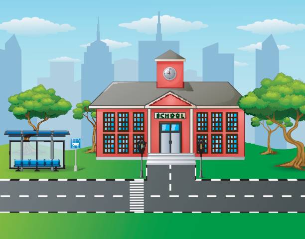 School building with bus stop Vector illustration of School building with bus stop school bus stop stock illustrations
