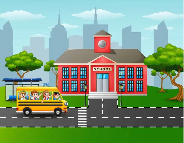 Vector illustration of Children going to school with school bus