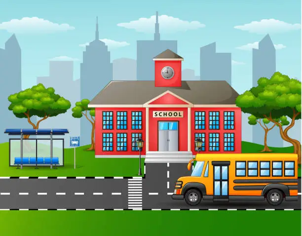 Vector illustration of Yellow school bus in front of school building with bus stop