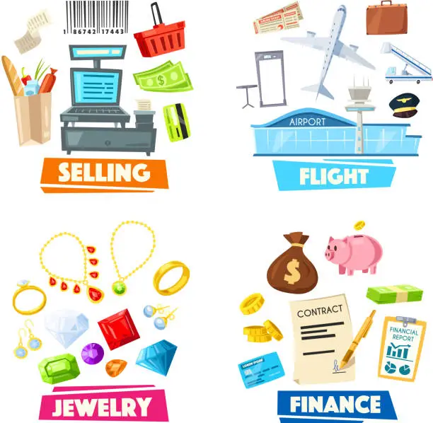 Vector illustration of Selling, jewelry, finance and flight vector items