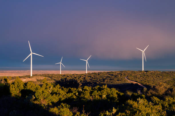 wind turbines, stormy sky - tehachapi imagens e fotografias de stock