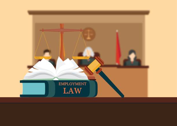 illustrazioni stock, clip art, cartoni animati e icone di tendenza di libri di diritto del lavoro con un martello dei giudici. - lawsuit