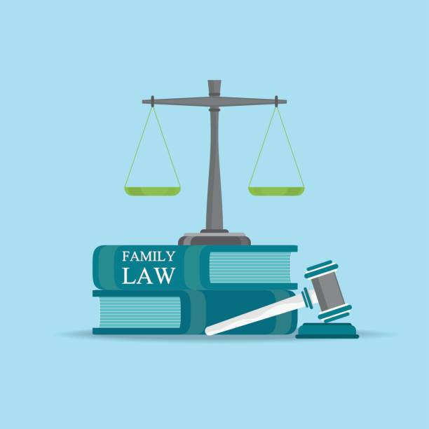 familienbücher gesetz mit einem richterhammer im flachen stil. - law weight scale legal system gavel stock-grafiken, -clipart, -cartoons und -symbole