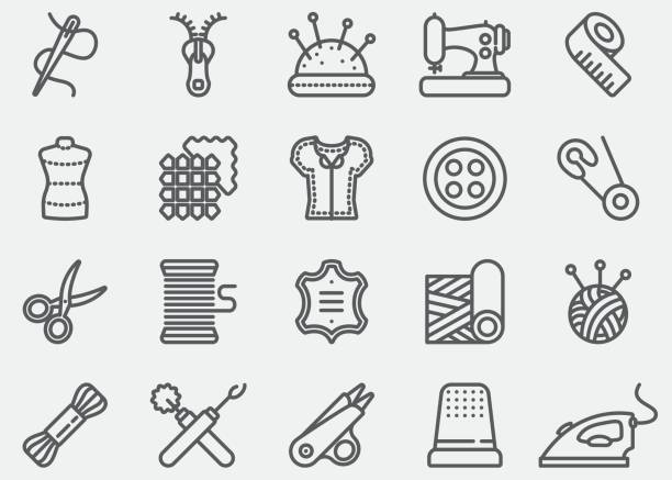 ilustrações de stock, clip art, desenhos animados e ícones de sewing line icons - craft equipment material spiral