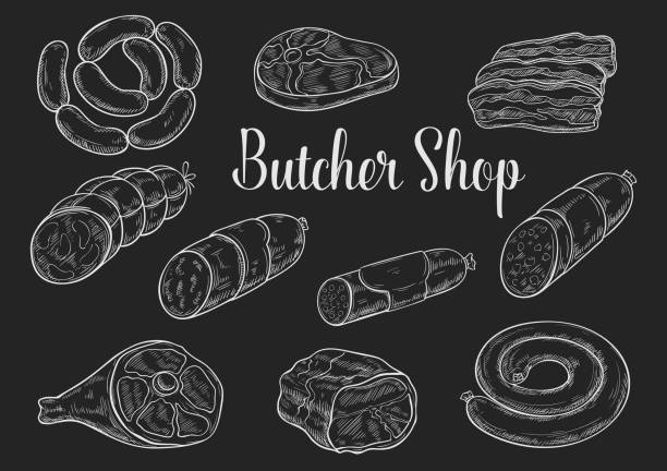 illustrations, cliparts, dessins animés et icônes de viandes et saucisses croquis craie sur tableau noir - butchers shop butcher meat delicatessen