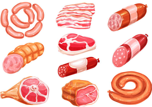 ilustraciones, imágenes clip art, dibujos animados e iconos de stock de acuarela de producto de carne dibujo conjunto con salchicha - bacon illustration and painting pork ham