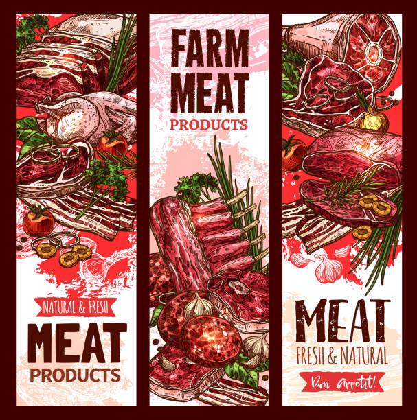 ilustrações de stock, clip art, desenhos animados e ícones de vector raw fresh farm meat banners for butchery - steak pork chop bacon