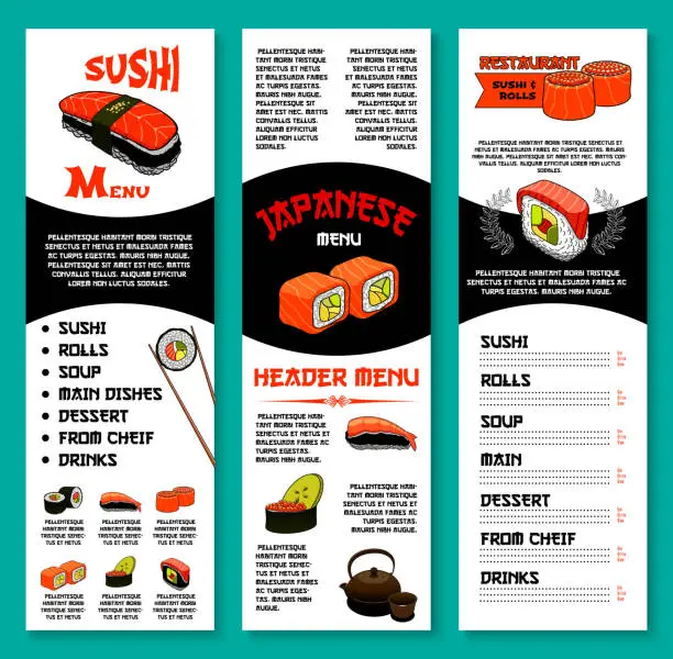 Vector illustration of Sushi bar vector menu template of Japanese dishes