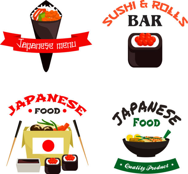 japońskie sushi i azjatyckie jedzenie izolowane zestaw ikon - prepared shrimp seafood sauces herb stock illustrations