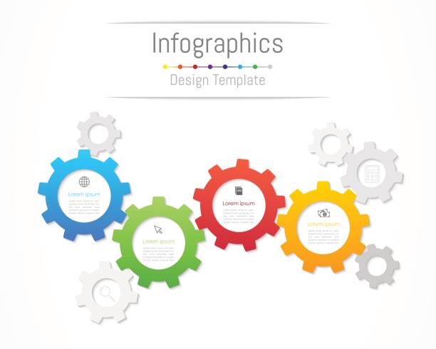 ilustraciones, imágenes clip art, dibujos animados e iconos de stock de elementos de diseño de infografía para que sus datos de negocio con 4 opciones, piezas, medidas, plazos o procesos. concepto de rueda de engranaje, ilustración del vector. - 4 5 años