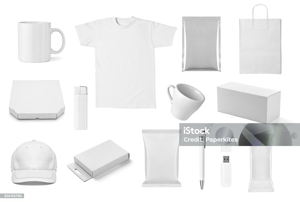 t shirt mug cup cap box pen flash memory bag collection of  various white print templates on white background. each one is shot separately Merchandise Stock Photo