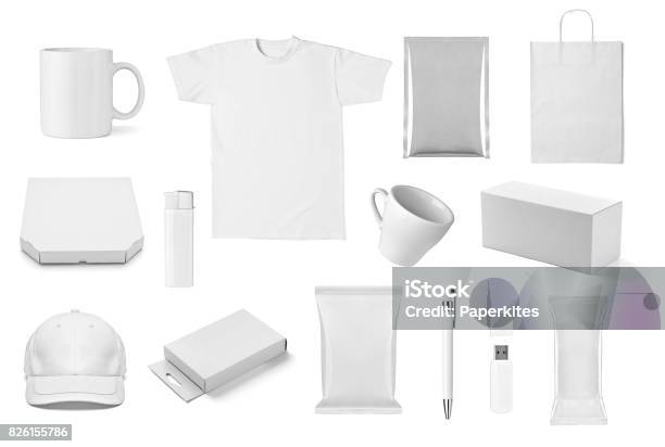 T Shirt Mug Cup Cap Box Pen Flash Memory Bag Stock Photo - Download Image Now - Merchandise, Marketing, Blank